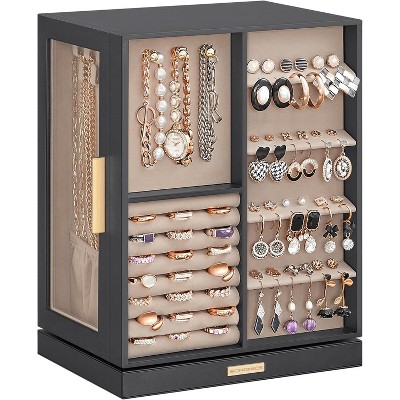 Jewelry Box 360° Rotating, with 5 Drawers, Glass Window, Vertical Jewelry Storage