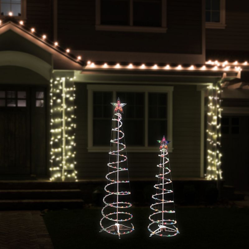 Northlight Set of 2 Lighted Multi-Color Outdoor Spiral Christmas Cone Trees 4', 6', 4 of 9