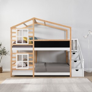 Racxily Bunk Bed House Bed With Roof Windows Blackboard And Storage Ladder Platform Bed, Bed Frame - 1 of 4