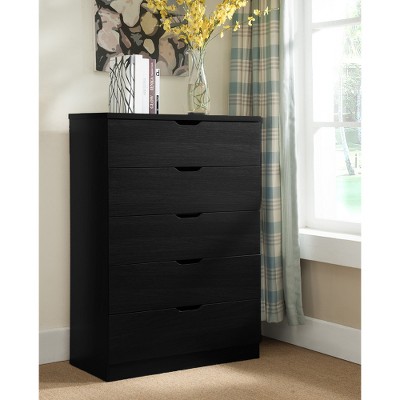 ORRD Modern black five drawer clothes and storage chest cabinet with metal drawer glides half round cutout handle grip