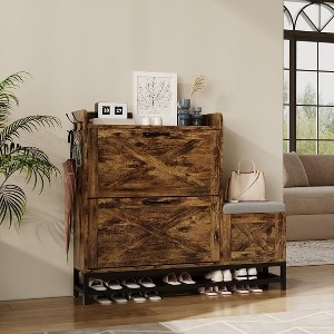 Shoe Cabinet with 2 Flip Drawers, Hidden Wood Narrow Shoe Cabinet with Shoe Bench & 2 Hooks for Entryway Hallway, Living Room - 1 of 4