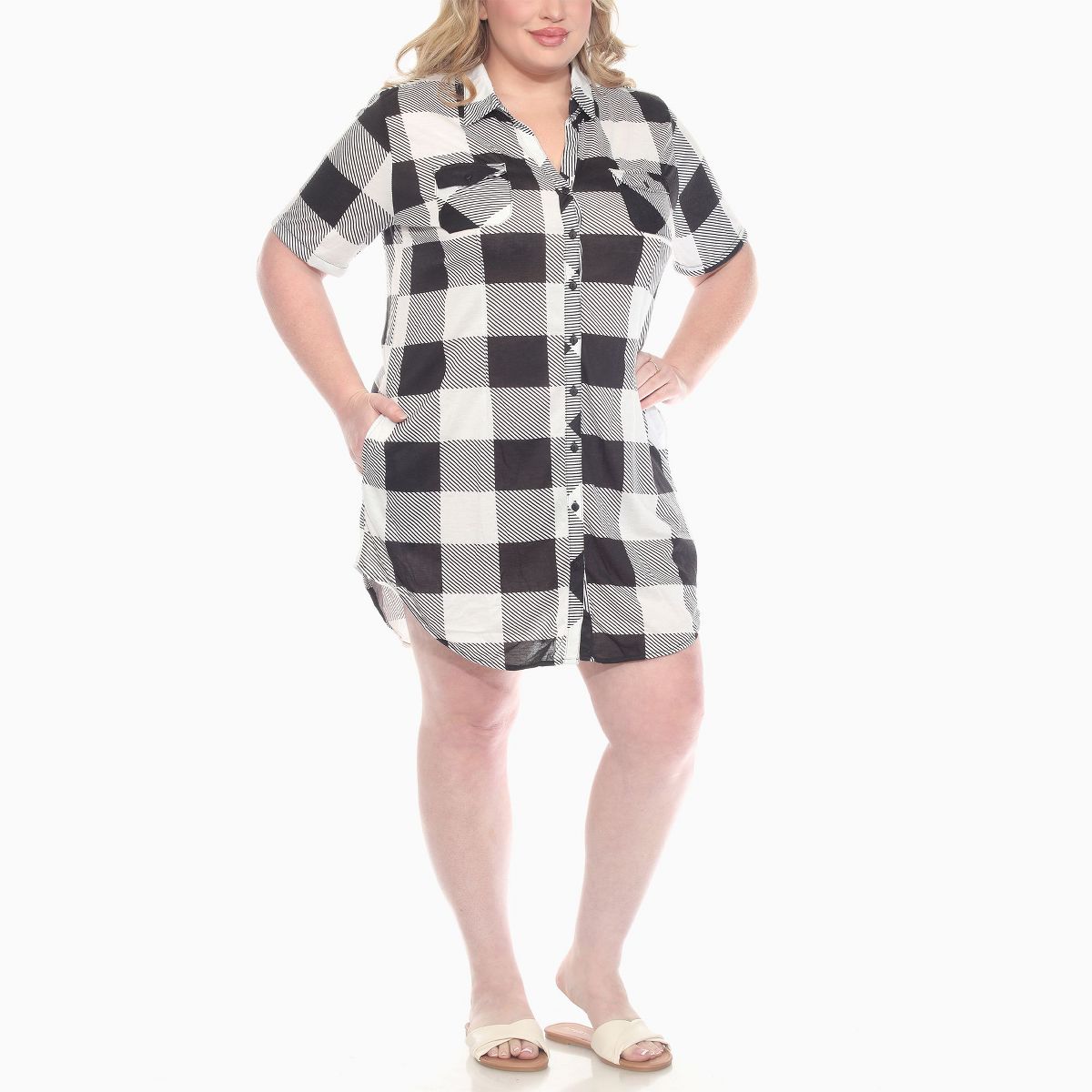 Plus Size Short Sleeve Plaid Button Down Shirt Dress -White Mark - thumbnail 2