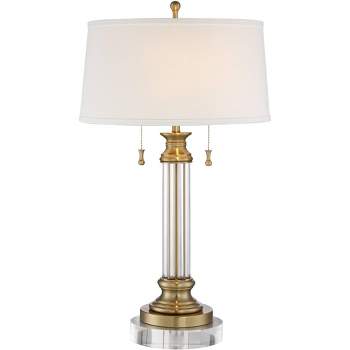 Vienna Full Spectrum Rolland Traditional Table Lamp with Round Riser 31 1/2" Tall Antique Brass Crystal Off White Drum Shade for Bedroom Living Room