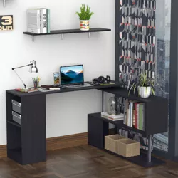 HOMCOM 55" 360° Rotating Corner Computer Desk Modern L-Shaped Home Office Workstation with 3-Tier Storage Shelves Bookshelf Black