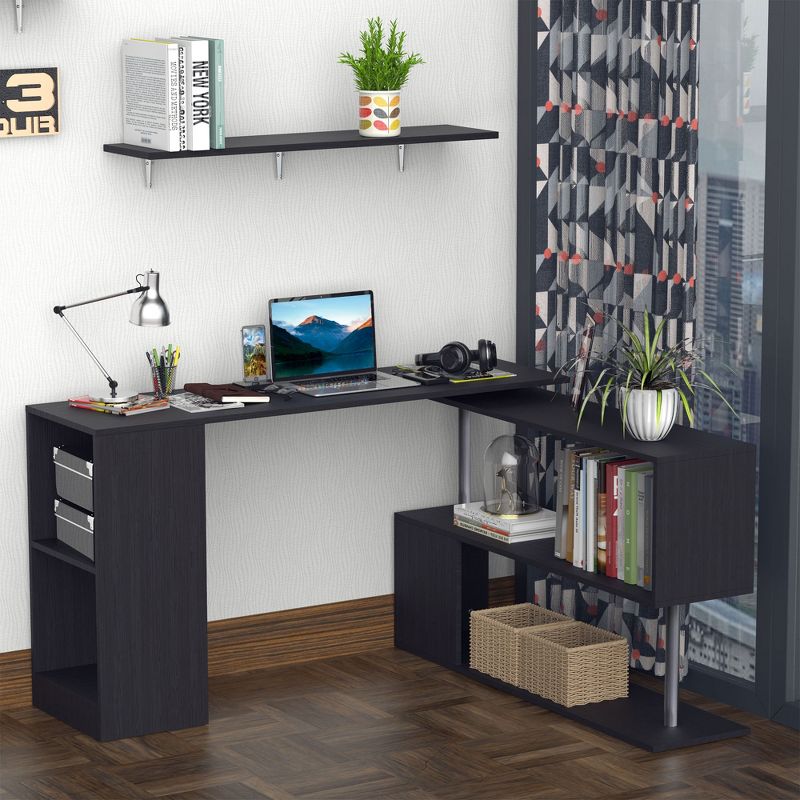 HOMCOM 55" 360° Rotating Corner Computer Desk Modern L-Shaped Home Office Workstation with 3-Tier Storage Shelves, Bookshelf, 3 of 9