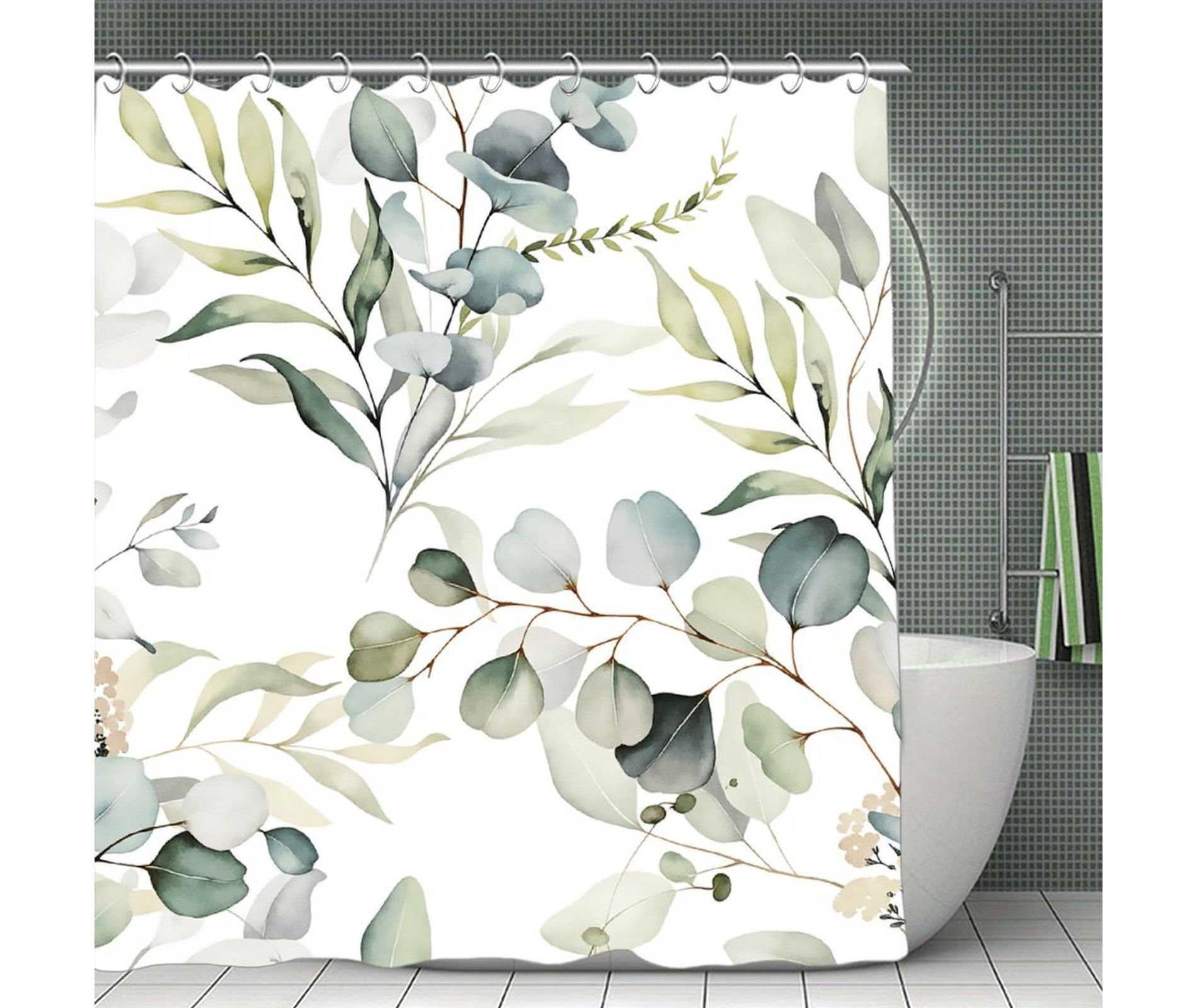 Eucalyptus Leaf Shower Curtains, Sage Green Spring Botanical Watercolor Plants Bathroom Curtains Bathtub Home Decor Waterproof Fabric 70.8x70.8Inch