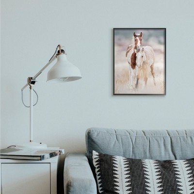 Calm Horses in Muted Beige Meadow Black Framed Canvas Print, 16 x 20