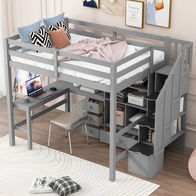 NicBex Twin/Full Size Loft Bed with L-Shaped Desk & Storage Stairs,Space-Saving Wooden Bunk Bed with Cabinets & Drawers,Loft Bed for Kids,Teen,Adults
