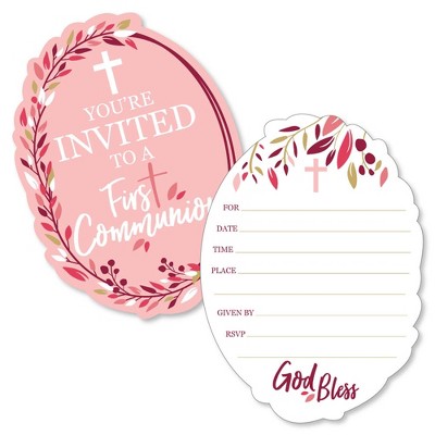 Big Dot of Happiness First Communion Pink Elegant Cross - Shaped Fill-in Invitations - Religious Party Invitation Cards with Envelopes - Set of 12