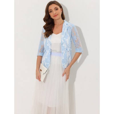 INSPIRE CHIC Women's Bussiness Casual Blazers Floral Lace 3/4 Sleeve Single Button Elegant Blazer Suits Blue Small — фото 3