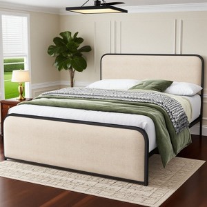 KTMBDW Metal Platform Bed Frame with Curved Upholstered Headboard, No Box Spring Required, Off-White - 1 of 4
