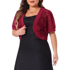 Agnes Orinda Women's Plus Size Short Sleeve Sheer Floral Lace Open Front Cropped Cardigans - 1 of 4