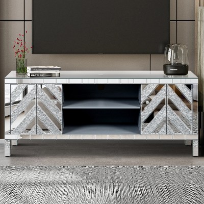 47 Inch Mirror TV Media Console with Diamond Glass Doors, Dual Door Design w/Open Storage Space, Compatible with 50-Inch TVs, Modern Decor for Home
