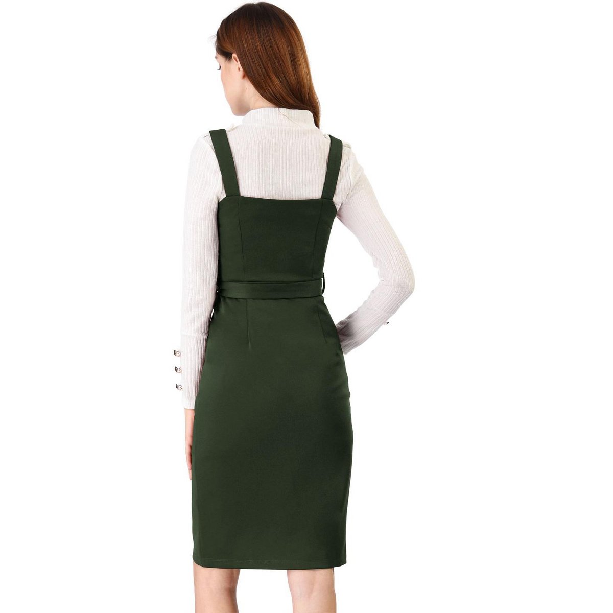 Женские платья INSPIRE CHIC Women's Classic Button Decor Slim Fit Sleeveless Tie Waist Pinafore Overall Dress Dark Green Medium — фото 5