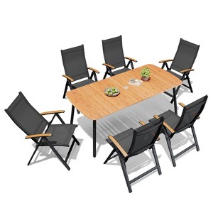 Crestlive Products 7pc Outdoor Dining set Patio Rectangle Table with Folding Chairs Aluminum Frame with Wood-Like Tabletop and Umbrella Hole - 1 of 4