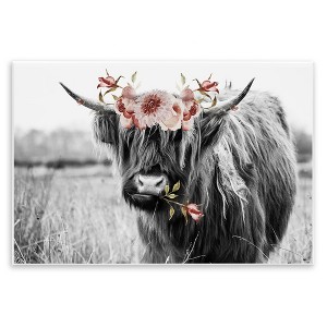 Stupell Industries Layered Floral Design Longhorn Cattle Monochrome Wall Plaque Art - 1 of 4