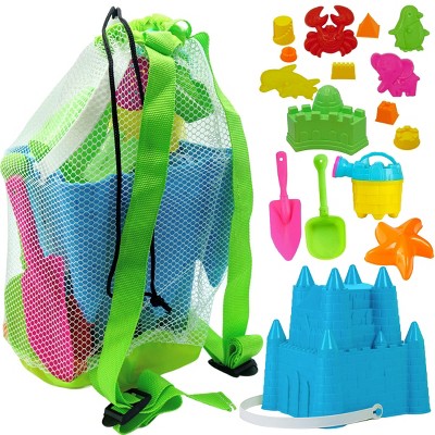 4e s Novelty 17 piece Beach Toy Set With Bag For Toddlers Castle Bucket Shovels Molds Mesh Beach Bag Backpack Sand Toys For Kids ages 3 10 Target