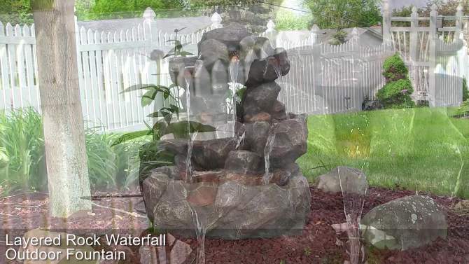 Sunnydaze 32"H Electric Fiberglass and Polyresin Layered Rock Waterfall Outdoor Water Fountain with LED Lights, 2 of 13, play video