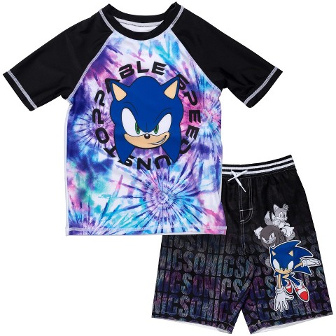 Sonic the Hedgehog SEGA Knuckles Sonic The Hedgehog Tails Little Boys Rash Guard and Swim Trunks Outfit Set Black / Purple 5-6