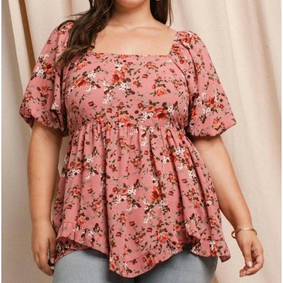 Women's Floral Printed Babydoll Square Neck Top - Plus - Oddi
