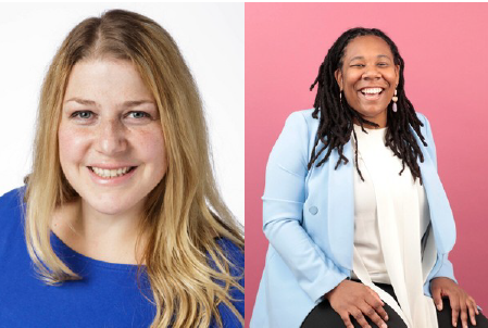 Brynn Kampinen, pictured against a white background, wearing a blue top next to Jade Denson, pictured against a pink background, wearing a light blue blazer open with a cream-colored shirt underneath