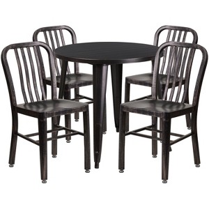 Emma and Oliver Commercial Grade 30" Round Metal Indoor-Outdoor Table Set & 4 Slat Back Chairs - 1 of 4