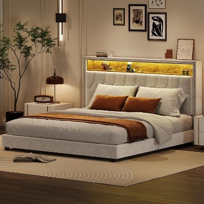 Storage Headboard Velvet Upholstered Bed Frame with Built-in Charging Station, Smart LED Lights, Wingback with Nailhead Trim, Wood Slats Support.