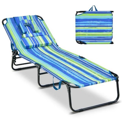 77'' Blue&Green Beach Chaise Lounge Chair with Face Hole and Removable Pillow