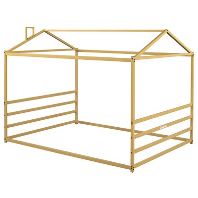 Bellemave Metal Queen Size Floor Bed for Kids,Montessori Floor Bed with Roof,House Bed Frame Queen for Boys Girls, Gold