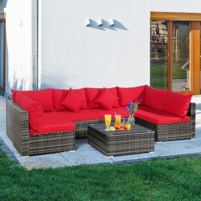 Tangkula 7 PCS Outdoor Patio Furniture Set All-Weather PE Rattan Sofa Set w/Coffee Table & Cushions