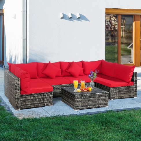 Costway Outdoor Patio Rattan Daybed Thick Pillows Cushioned Sofa Furniture  Red