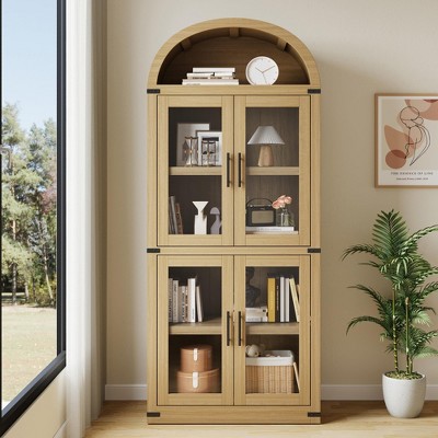 Arched Bookshelf with Doors Farmhouse Bookcase 15.83in Depth Display Storage Shelves