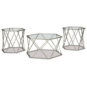 3pc Madanere Coffee and End Table Set Chrome Finish - Signature Design by Ashley: Modern Hexagonal Shape, Tempered Glass - 1 of 4