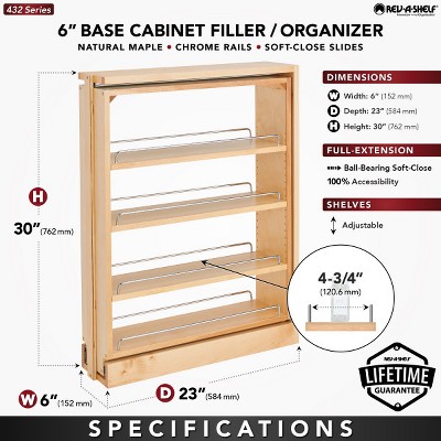 Rev-A-Shelf 6" Pull Out Shelf Organizer for Base Kitchen Cabinets, Filler Spice Rack Seasoning Storage Holder w/ Soft-Close, Wood, 432-BFBBSC-6C — фото 3