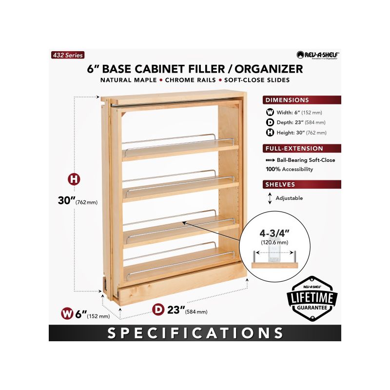 Rev-A-Shelf 432-BFBBSC-3C 3-Inch Base Cabinet Filler Soft Close Pullout Kitchen Wooden Spice Rack Holder Shelves for Storage Organization, 3 of 7