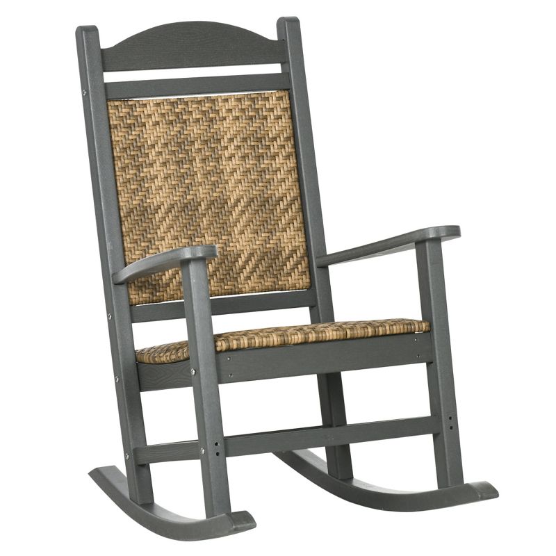 Outsunny Outdoor Rocking Chair, Traditional Wicker Porch Rocker w/ Padded Seat, Breathable Backrest, HDPE Frame with PE Rattan, Dark Gray, 1 of 7
