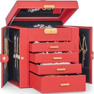 Leather Jewelry Box with Mirror & Lock, 3-Tier Organizer with 2 Drawers for Necklaces & Bracelets - 1 of 4