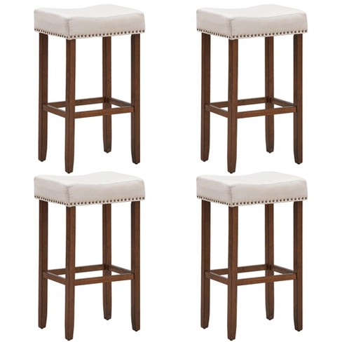 Costway Set Of 4 Nailhead Saddle Bar Stools 24'' Height W/ Fabric Seat &  Wood Legs Beige\gray : Target