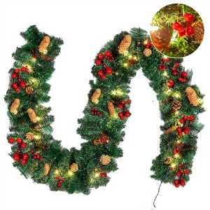 Joyfy Christmas Lights Indoor, 9FT Pine Garland Lights with 50 Count String, Bristle, Pine Cones, Holly Berries, Outdoor Indoor Christmas Decorations - 1 of 4