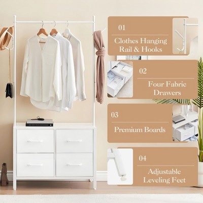 Clothes Rack with 4 Drawers, Heavy Duty Metal Frame Garment Rack, Freestanding Clothing Racks, Portable Wardrobe Closet Organizer for Bedroom, White