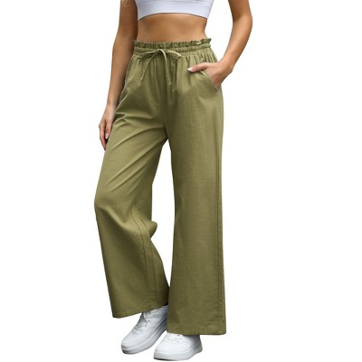Coolmee Woman Palazzo Pants Wide Leg Linen Drawstring High Waisted Flowy Casual Baggy Trousers Pants 2XL Army Green