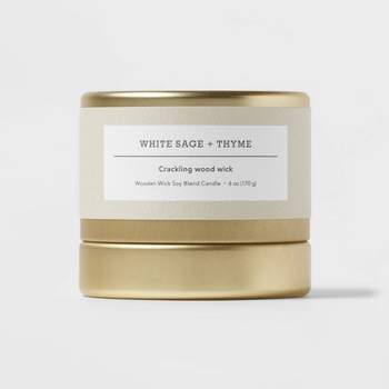 Inset Tin White Sage + Thyme Wood Wick Lidded Jar Candle Gold 6oz - Threshold™