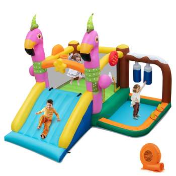 Costway Flamingo-Themed Bounce Castle 7-in-1 Kids Inflatable Jumping House