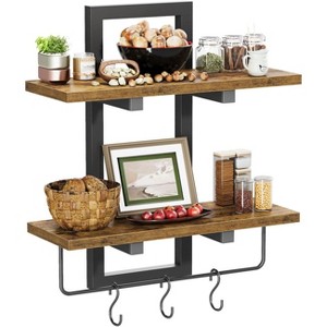Attop Floating Shelves for Wall Set of 2, Wood Wall Shelf with 6 Hooks, 2 Tier Hanging Decorative Storage Shelves - 1 of 4