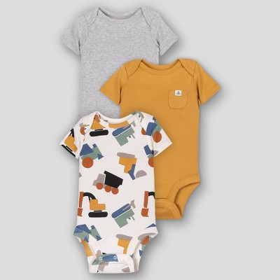 Lamaze Baby Boys' 3pk Organic Cotton Solid and Construction Short Sleeve Bodysuit - Gray/Mustard Yellow 9M
