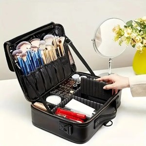 Racxily Large Capacity Travel Makeup Bag with Adjustable Dividers - Portable Oxford Cloth Makeup Storage Box, Black - 1 of 4
