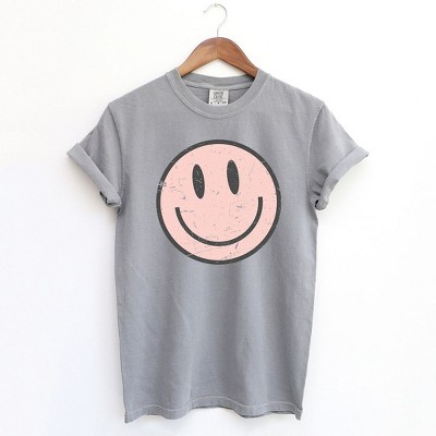 Simply Sage Market Women's Pink Smiley Face Grunge Short Sleeve Garment Dyed Tee