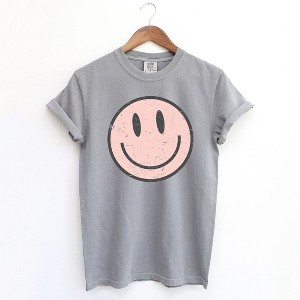Simply Sage Market Women's Pink Smiley Face Grunge Short Sleeve Garment Dyed Tee - 1 of 3