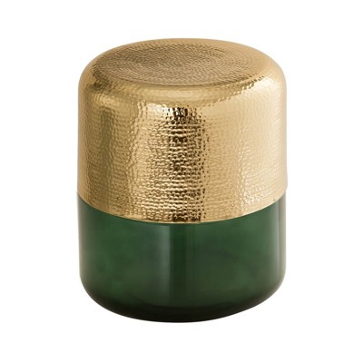 Green and Gold Embossed Glass Drum Side Table