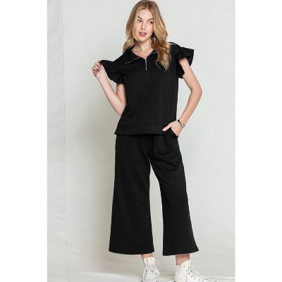I AM A FASHION JUNKY Black Textured Ruffle Cap Sleeve Top and Wide Leg Pants Set
